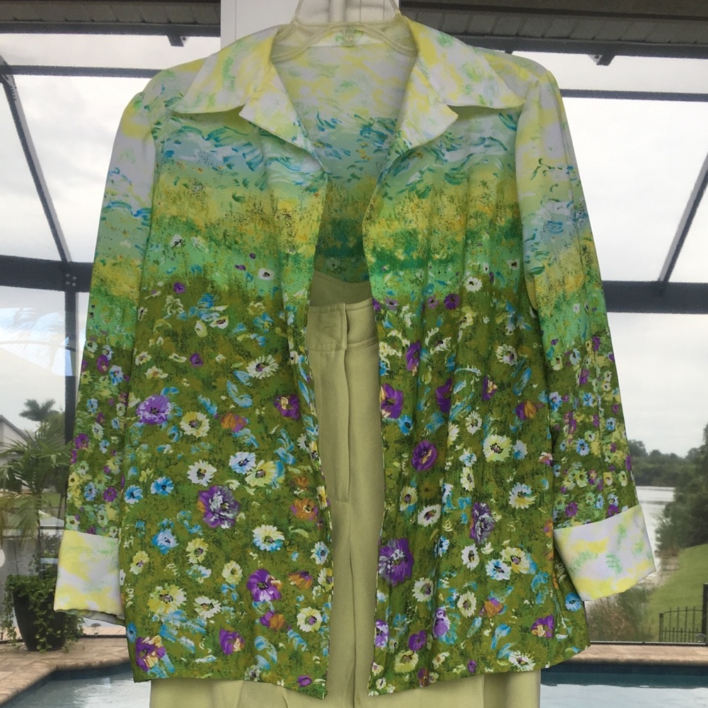 Silk pants and colorful shirt